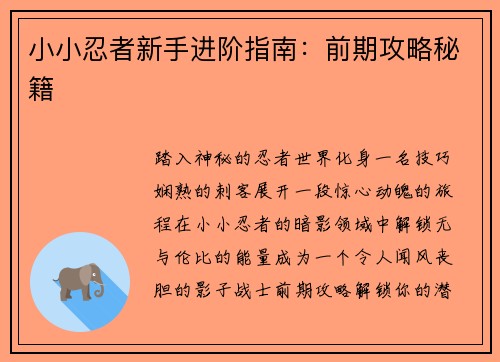 小小忍者新手进阶指南：前期攻略秘籍