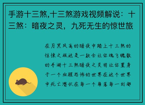 手游十三煞,十三煞游戏视频解说：十三煞：暗夜之灵，九死无生的惊世旅途