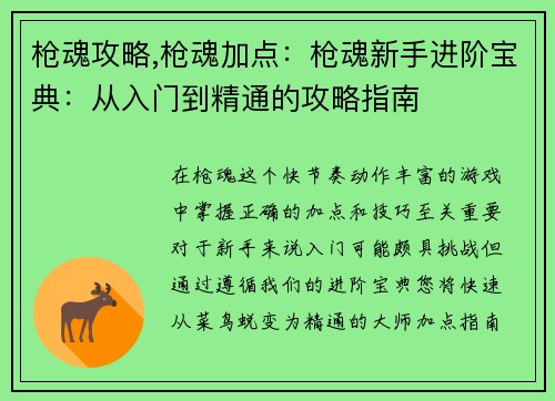 枪魂攻略,枪魂加点：枪魂新手进阶宝典：从入门到精通的攻略指南